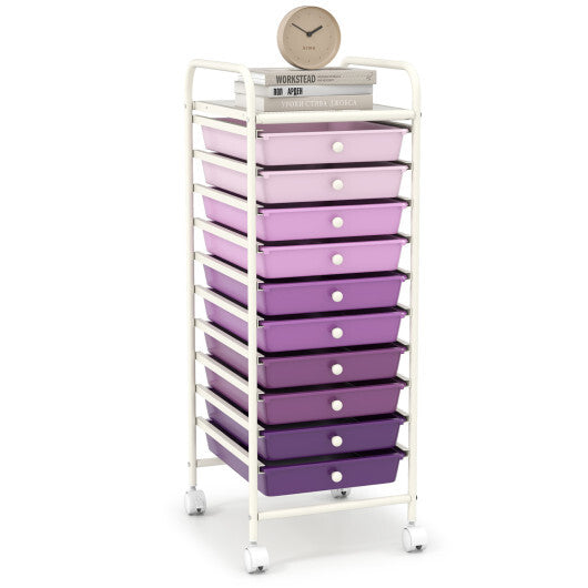 Costway 10 Drawer Rolling Storage Cart Organizer with 4 Universal Casters-Purple W2B