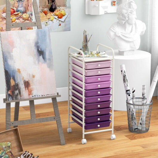 Costway 10 Drawer Rolling Storage Cart Organizer with 4 Universal Casters-Purple W2B