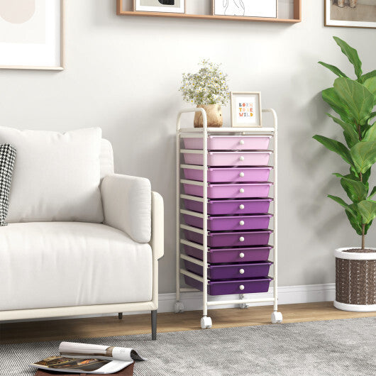 Costway 10 Drawer Rolling Storage Cart Organizer with 4 Universal Casters-Purple W2B