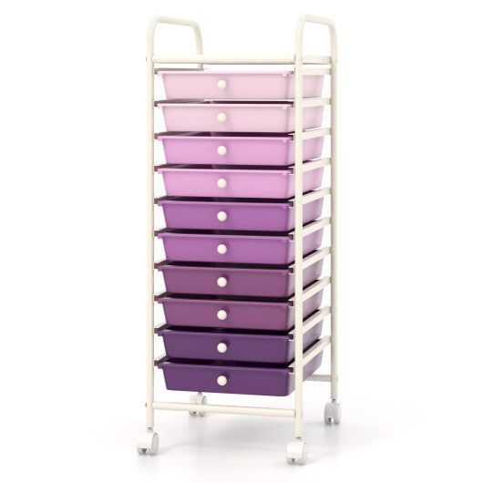 Costway 10 Drawer Rolling Storage Cart Organizer with 4 Universal Casters-Purple W2B