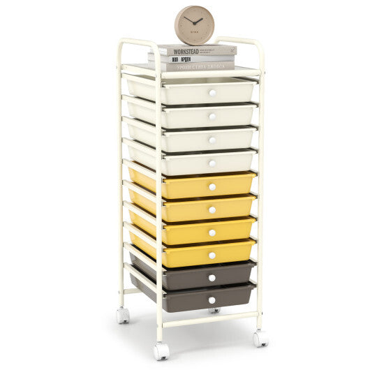 Costway 10 Drawer Rolling Storage Cart Organizer with 4 Universal Casters-Yellow W2B