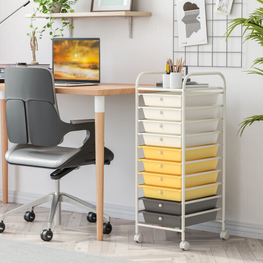 Costway 10 Drawer Rolling Storage Cart Organizer with 4 Universal Casters-Yellow W2B