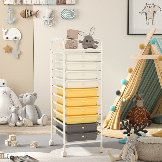 Costway 10 Drawer Rolling Storage Cart Organizer with 4 Universal Casters-Yellow W2B