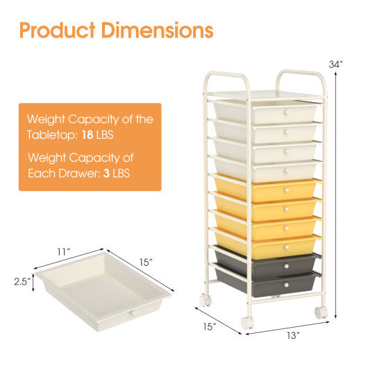 Costway 10 Drawer Rolling Storage Cart Organizer with 4 Universal Casters-Yellow W2B