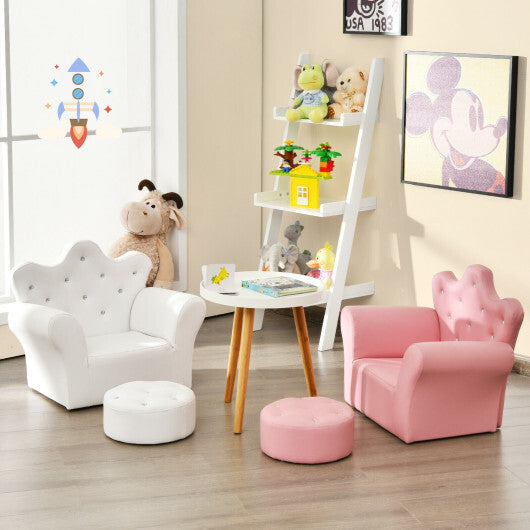 Costway Children Upholstered Princess Sofa with Ottoman and Diamond Decoration for Boys and Girls-White W2B