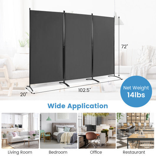 Costway 6 Feet 3 Panel Room Divider with Durable Hinges Steel Base-Gray W2B