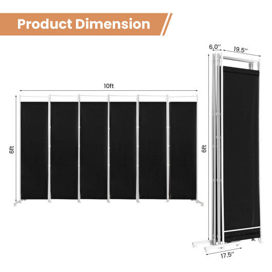 Costway 6-Panel Room Divider Folding Privacy Screen with Steel Support Base-Black W2B