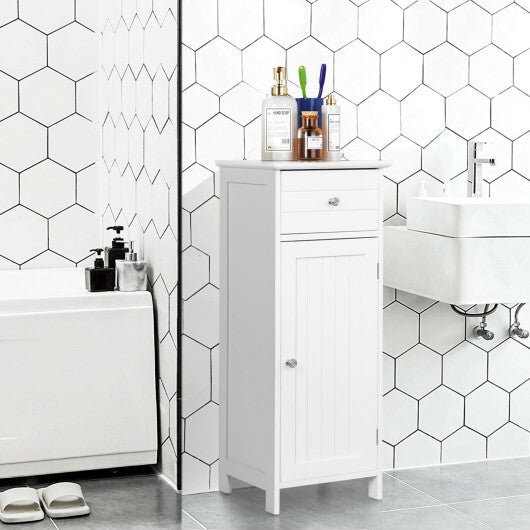 Costway Wooden Bathroom Floor Storage Cabinet with Drawer and Shelf W2B