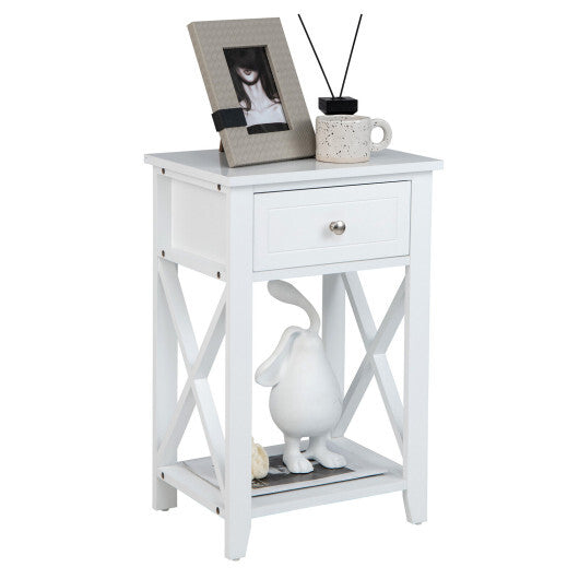 Costway Storage End Bedside Drawer Nightstand w/ Bottom Shelf-White W2B