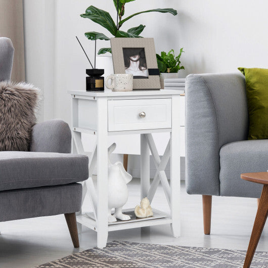 Costway Storage End Bedside Drawer Nightstand w/ Bottom Shelf-White W2B