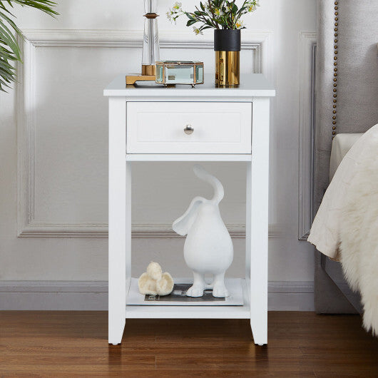 Costway Storage End Bedside Drawer Nightstand w/ Bottom Shelf-White W2B