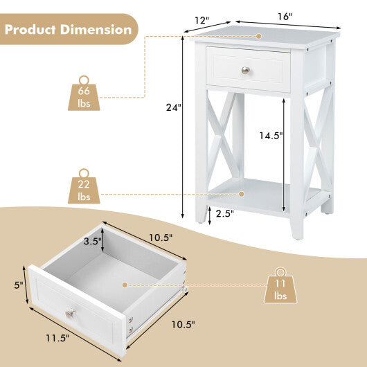 Costway Storage End Bedside Drawer Nightstand w/ Bottom Shelf-White W2B