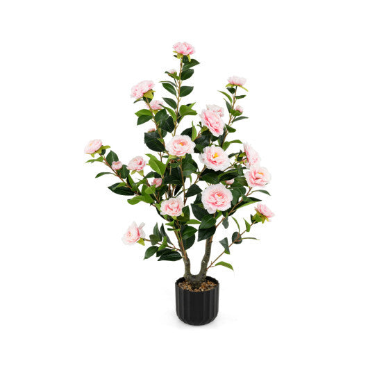 Costway 38 Inch Artificial Camellia Tree Faux Flower Plant in Cement Pot-Pink W2B