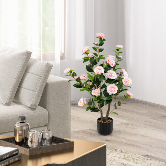 Costway 38 Inch Artificial Camellia Tree Faux Flower Plant in Cement Pot-Pink W2B