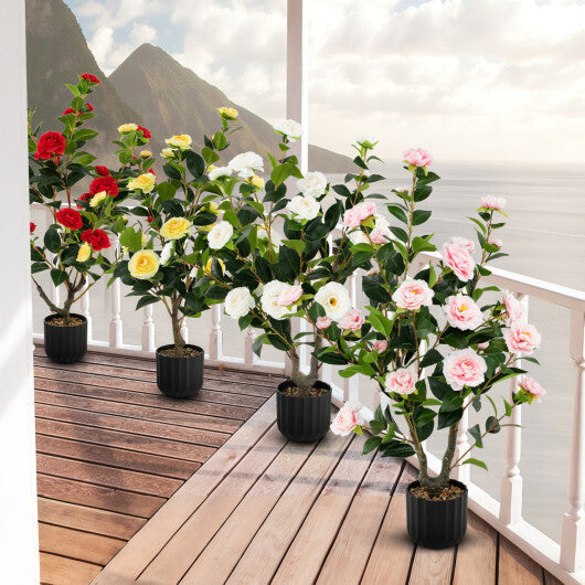 Costway 38 Inch Artificial Camellia Tree Faux Flower Plant in Cement Pot-Pink W2B