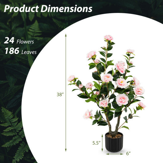 Costway 38 Inch Artificial Camellia Tree Faux Flower Plant in Cement Pot-Pink W2B