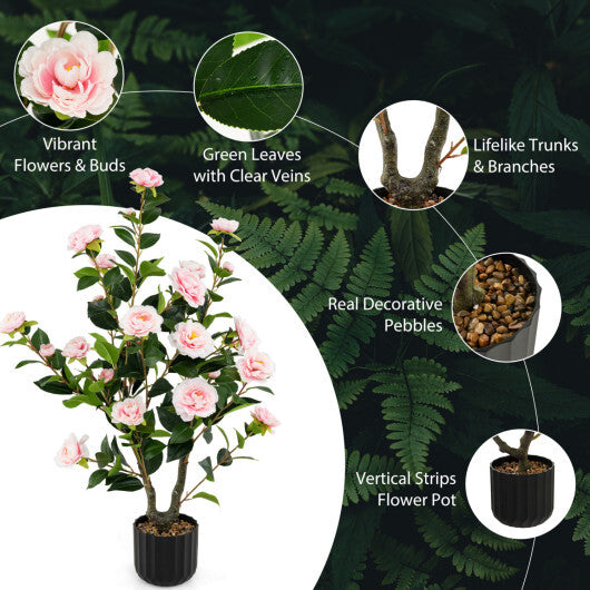Costway 38 Inch Artificial Camellia Tree Faux Flower Plant in Cement Pot-Pink W2B