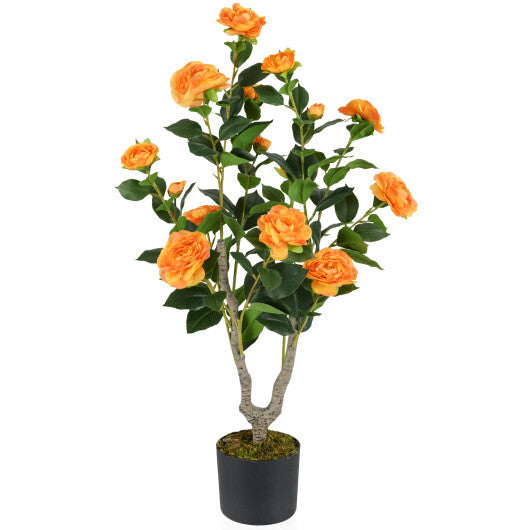 Costway 36 Inch Artificial Camellia Tree with Blooming Flower 1 Pack-Orange W2B