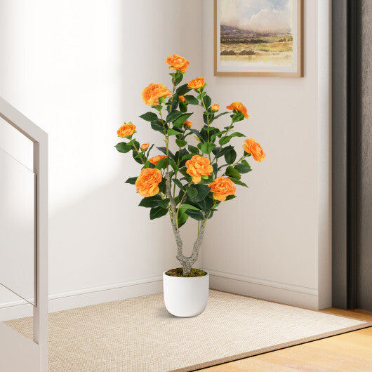 Costway 36 Inch Artificial Camellia Tree with Blooming Flower 1 Pack-Orange W2B