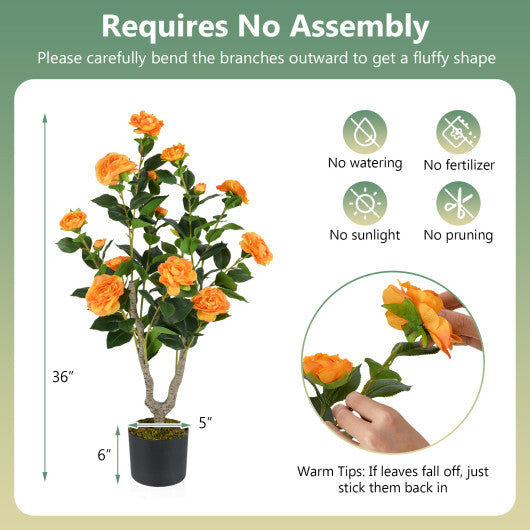 Costway 36 Inch Artificial Camellia Tree with Blooming Flower 1 Pack-Orange W2B
