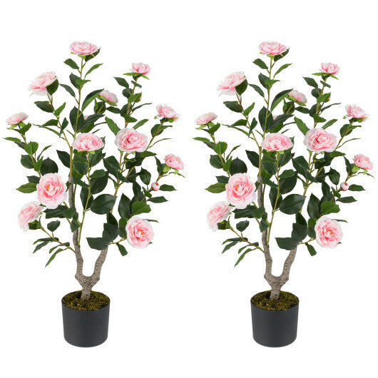 Costway 36 Inch Artificial Camellia Tree with Blooming Flower 2 Pack-Pink W2B