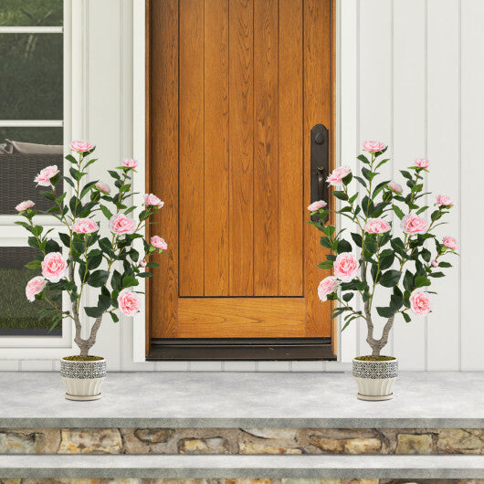 Costway 36 Inch Artificial Camellia Tree with Blooming Flower 2 Pack-Pink W2B