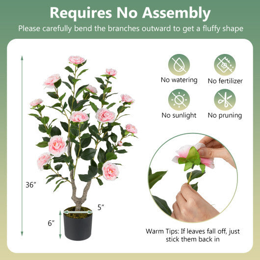Costway 36 Inch Artificial Camellia Tree with Blooming Flower 2 Pack-Pink W2B