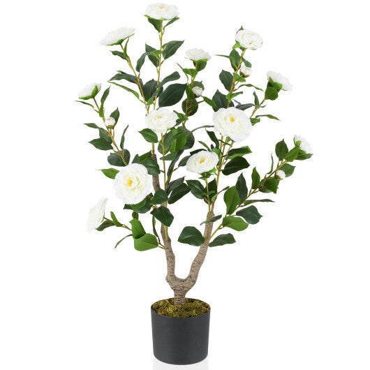 Costway 36 Inch Artificial Camellia Tree with Blooming Flower 1 Pack-White W2B