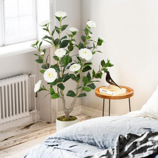 Costway 36 Inch Artificial Camellia Tree with Blooming Flower 1 Pack-White W2B