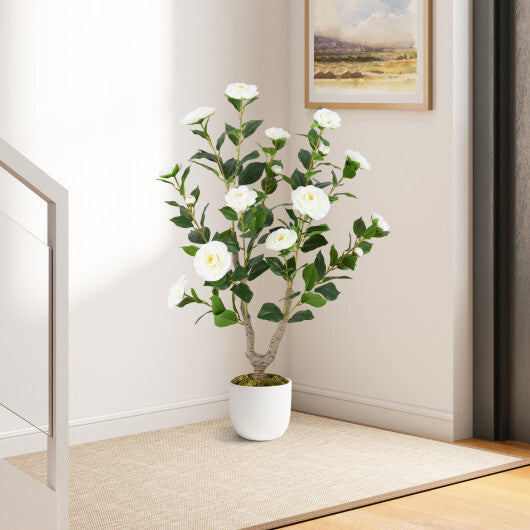 Costway 36 Inch Artificial Camellia Tree with Blooming Flower 1 Pack-White W2B