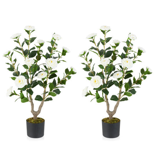 Costway 36 Inch Artificial Camellia Tree with Blooming Flower 2 Pack-White W2B