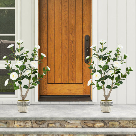 Costway 36 Inch Artificial Camellia Tree with Blooming Flower 2 Pack-White W2B