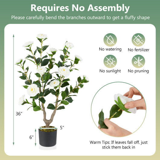Costway 36 Inch Artificial Camellia Tree with Blooming Flower 2 Pack-White W2B