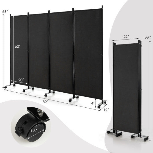 Costway 4-Panel Folding Room Divider 6 Feet Rolling Privacy Screen with Lockable Wheels-Black W2B