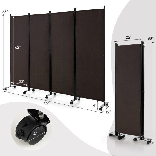 Costway 4-Panel Folding Room Divider 6 Feet Rolling Privacy Screen with Lockable Wheels-Brown W2B