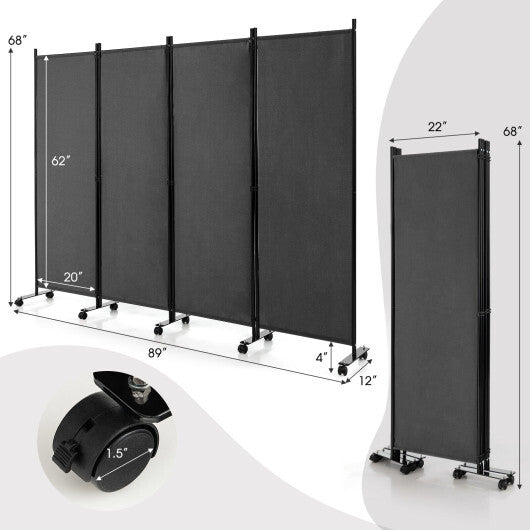 Costway 4-Panel Folding Room Divider 6 Feet Rolling Privacy Screen with Lockable Wheels-Gray W2B