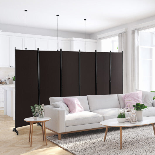 Costway 6 Panel 5.7 Feet Tall Rolling Room Divider on Wheels-Brown W2B