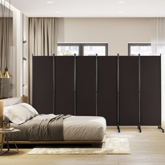 Costway 6 Panel 5.7 Feet Tall Rolling Room Divider on Wheels-Brown W2B