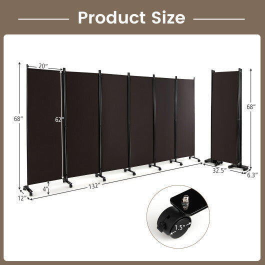 Costway 6 Panel 5.7 Feet Tall Rolling Room Divider on Wheels-Brown W2B