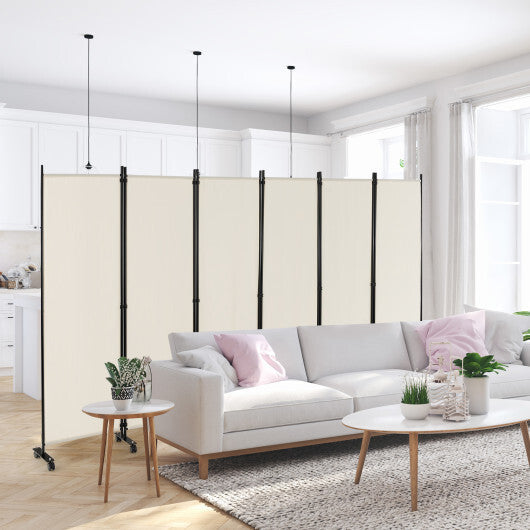 Costway 6 Panel 5.7 Feet Tall Rolling Room Divider on Wheels-White W2B