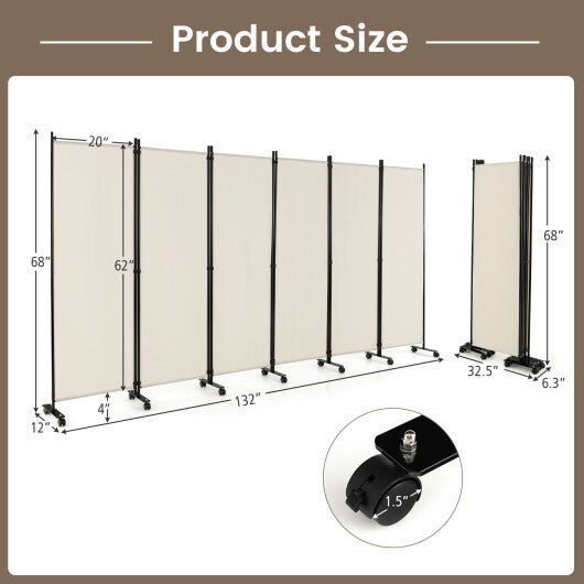 Costway 6 Panel 5.7 Feet Tall Rolling Room Divider on Wheels-White W2B