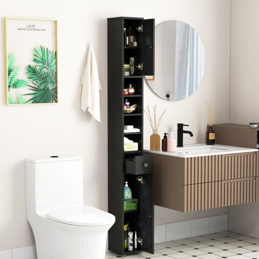 Costway Freestanding Slim Bathroom Cabinet with Drawer and Adjustable Shelves-Black W2B