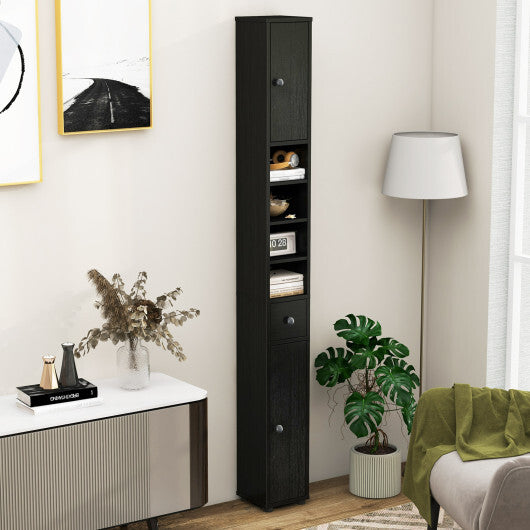 Costway Freestanding Slim Bathroom Cabinet with Drawer and Adjustable Shelves-Black W2B