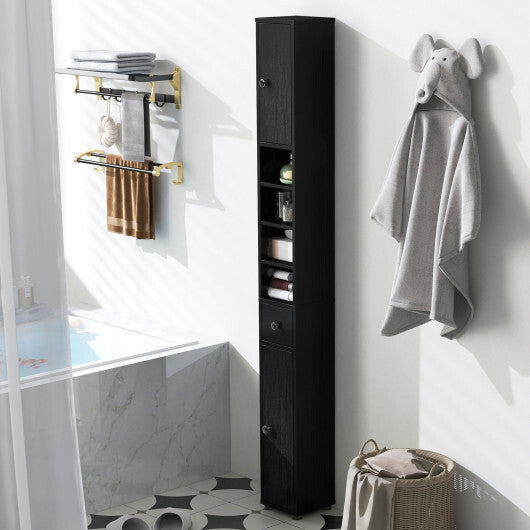 Costway Freestanding Slim Bathroom Cabinet with Drawer and Adjustable Shelves-Black W2B