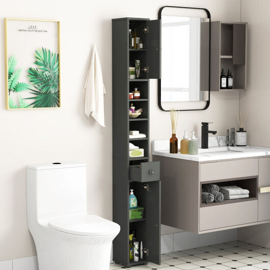 Costway Freestanding Slim Bathroom Cabinet with Drawer and Adjustable Shelves-Gray W2B