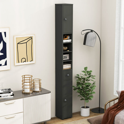 Costway Freestanding Slim Bathroom Cabinet with Drawer and Adjustable Shelves-Gray W2B