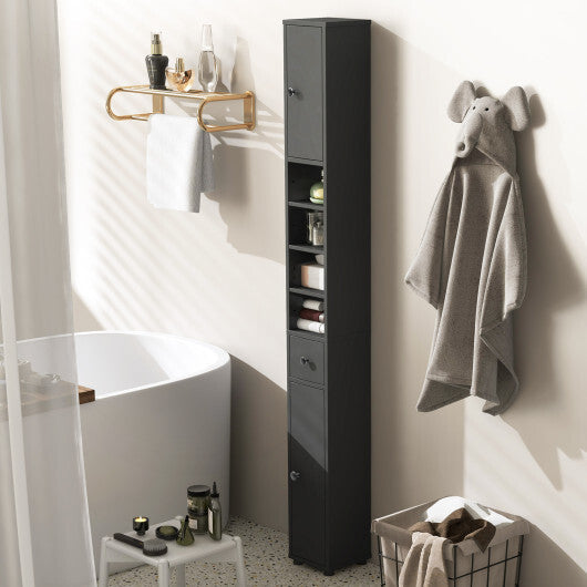 Costway Freestanding Slim Bathroom Cabinet with Drawer and Adjustable Shelves-Gray W2B