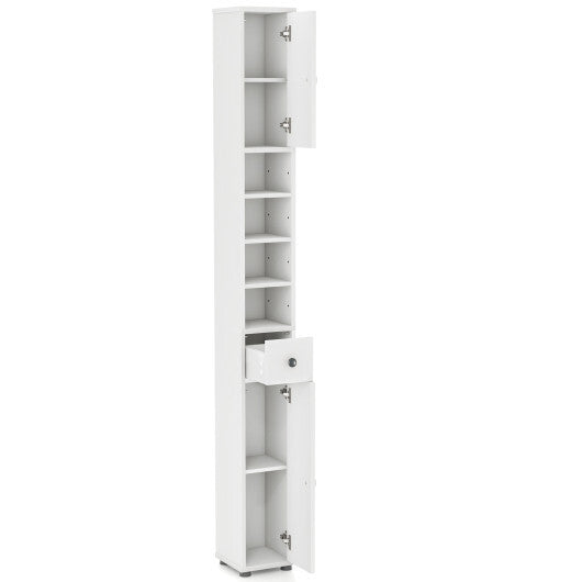Costway Freestanding Slim Bathroom Cabinet with Drawer and Adjustable Shelves-White W2B