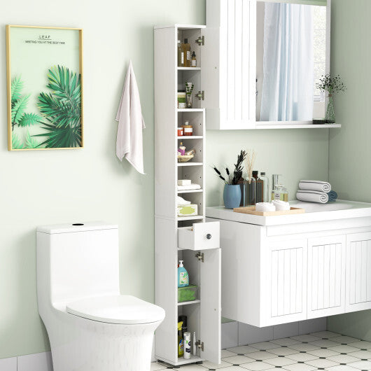 Costway Freestanding Slim Bathroom Cabinet with Drawer and Adjustable Shelves-White W2B