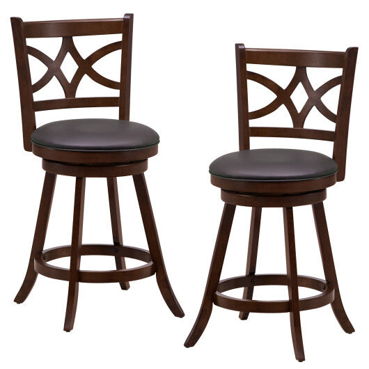 Costway Set of 2 Bar Chairs 360? Swivel with Leather Cushioned Seat and Rubber Wood Frame-24 inch W2B